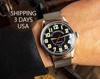 Mechanical vintage watches “SHTURMANSKIE Gagarin”, military watch, Soviet wristwatch, large vintage watch, black dial, iron strap