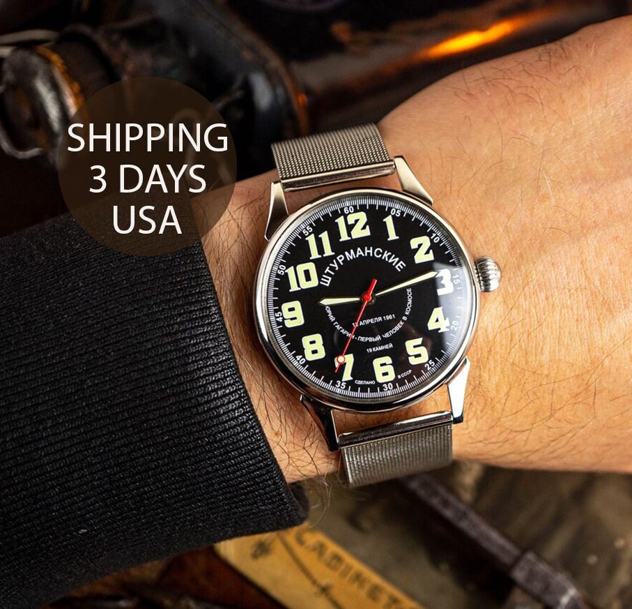 Mechanical vintage watches “SHTURMANSKIE Gagarin”, military watch, Soviet wristwatch, large vintage watch, black dial, iron strap