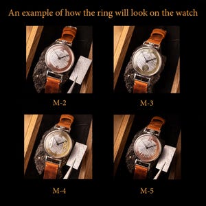 May include: Four close-up images of a watch with a brown leather band. The watch face has a white background with black Roman numeral hour markers and black hands. The watch face also has a decorative ring around the edge. The images show different variations of the ring.