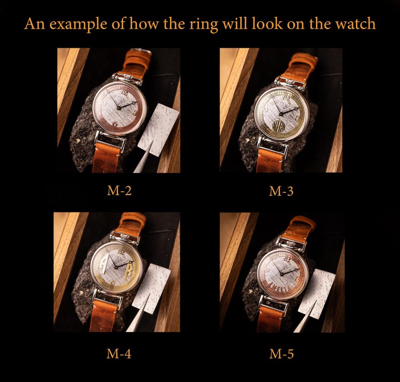 May include: Four close-up images of a watch with a brown leather band. The watch face has a white background with black Roman numeral hour markers and black hands. The watch face also has a decorative ring around the edge. The images show different variations of the ring.