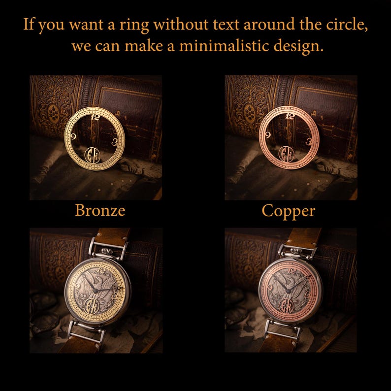 May include: Two images of a watch face with a minimalist design. The top image shows a bronze watch face with Roman numerals. The bottom image shows a silver watch face with a bird design and Roman numerals. The watch face is surrounded by a ring with the letters "GF" in the center.