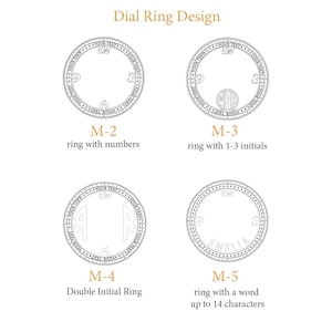 May include: A diagram displaying four dial ring designs. The designs feature rings with numbers, initials, double initials, and a ring for a word up to 14 characters. The text "Dial Ring Design" is at the top.
