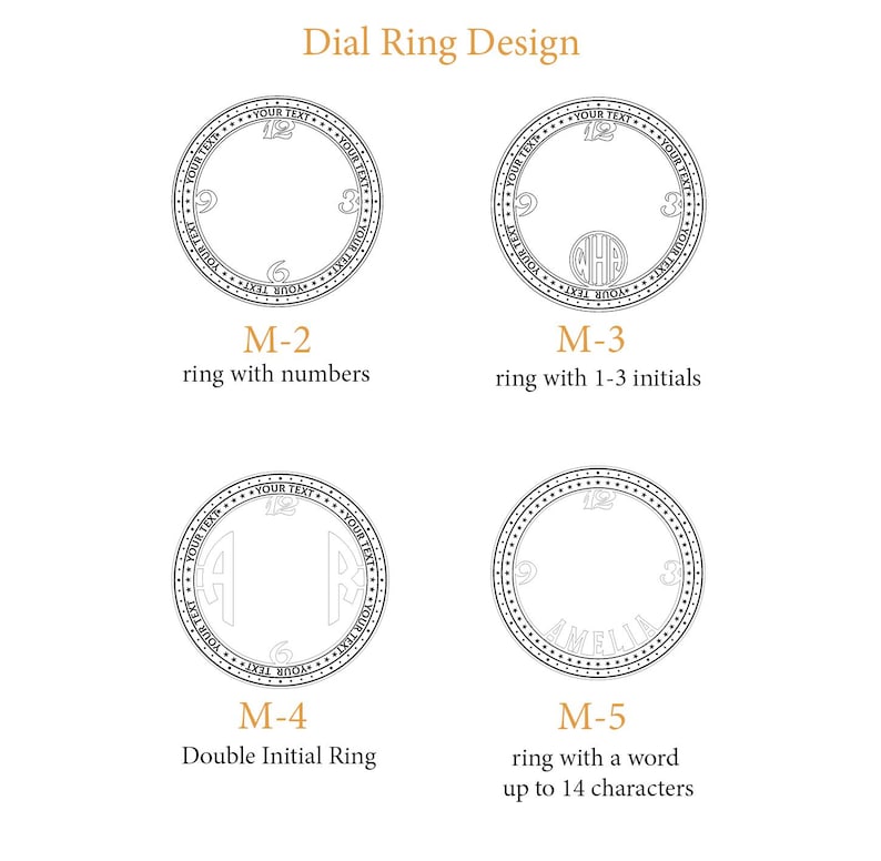 May include: A diagram displaying four dial ring designs. The designs feature rings with numbers, initials, double initials, and a ring for a word up to 14 characters. The text "Dial Ring Design" is at the top.