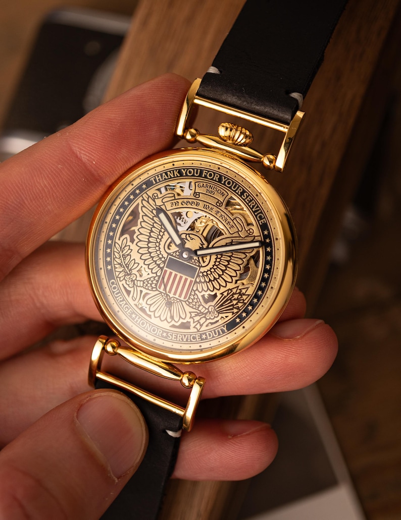 Personalized Mechanical Skeleton Watch – Handmade Dial with Cold Enamel, Crafted for Patriots Who Value Precision image 2