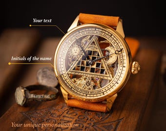 Personalized Watch, Masonic Skeleton watch, Personalized Named Watch, Skeleton mechanical, Handmade watch, Father's Day Gift