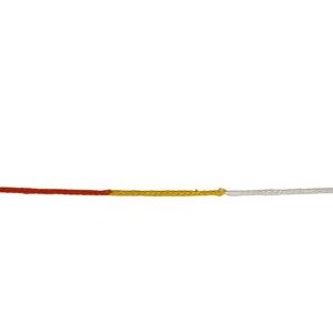 May include: A close-up of a length of rope. The rope is divided into three sections: a red-orange section, a yellow-gold section, and a white section. The rope is against a white background.