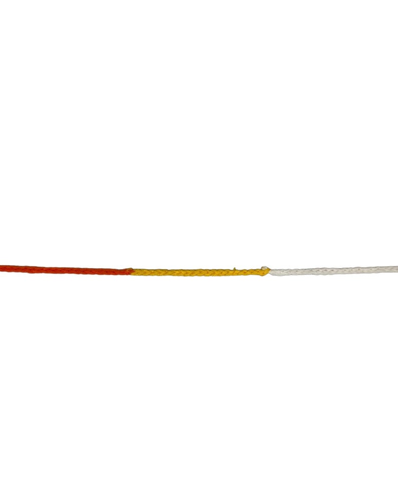 May include: A close-up of a length of rope. The rope is divided into three sections: a red-orange section, a yellow-gold section, and a white section. The rope is against a white background.