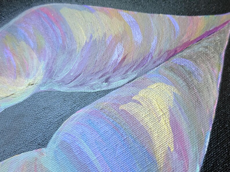 May include: An abstract painting on canvas featuring two large, leaf-like shapes against a solid black background. The shapes are filled with blended brushstrokes of iridescent purple, soft pink, pale yellow, and light blue paint with visible texture.
