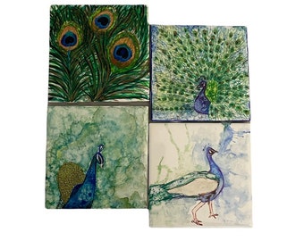 PEACOCK IMAGE #2 COASTERS SET OF 4 FABRIC TOP RUBBER BACKED 
