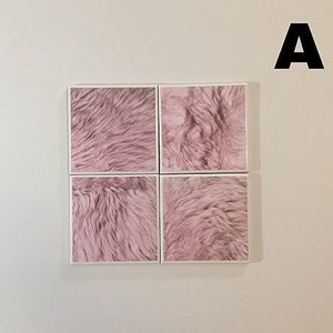 May include: Four square framed prints of pink faux fur. The prints are arranged in a 2x2 grid.