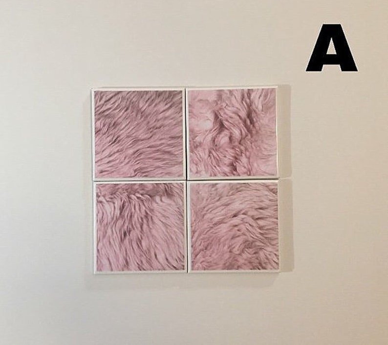 May include: Four square framed prints of pink faux fur. The prints are arranged in a 2x2 grid.