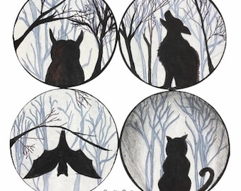 Halloween Coasters - Spooky Coasters - Halloween Theme Coasters - Hand Painted Coaster Set