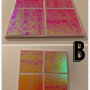 May include: Four iridescent square tiles with a pink and yellow color scheme. The tiles are arranged in a 2x2 grid.