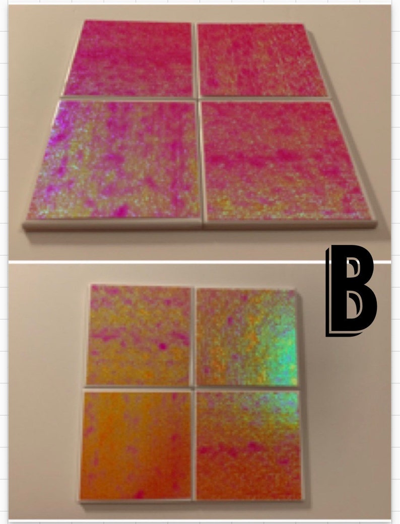 May include: Four iridescent square tiles with a pink and yellow color scheme. The tiles are arranged in a 2x2 grid.