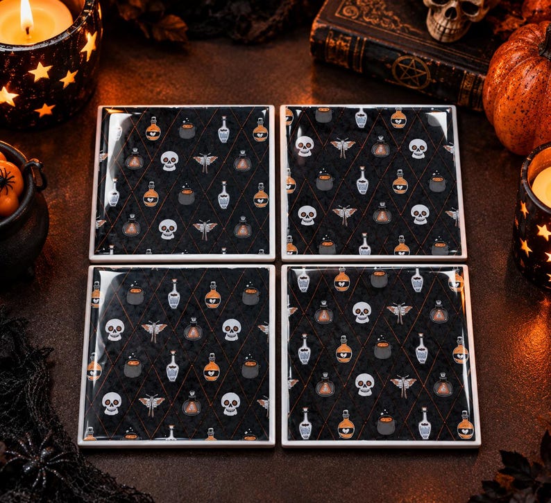 Posavasos de Halloween - Posavasos de pociones de brujas - Posavasos espeluznantes - Posavasos con decoración otoñal imagen 2
