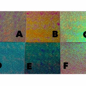 May include: Six samples of iridescent glitter paper in various colors, labeled A through F.