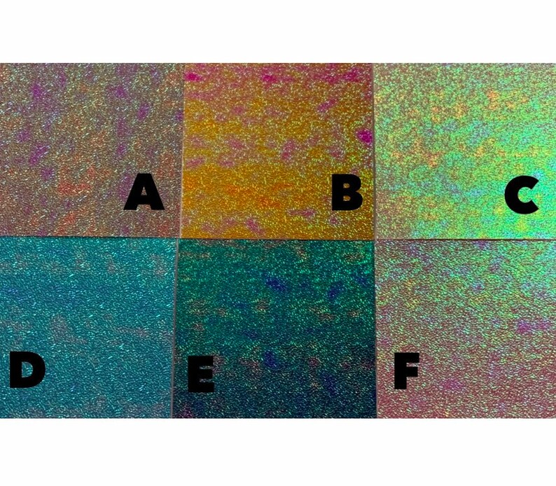 May include: Six samples of iridescent glitter paper in various colors, labeled A through F.