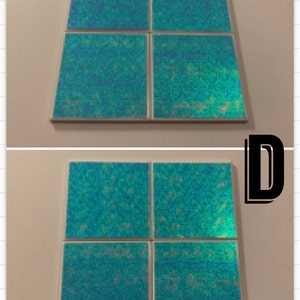 May include: Four square iridescent teal tiles with a white border. The tiles are arranged in a 2x2 grid.