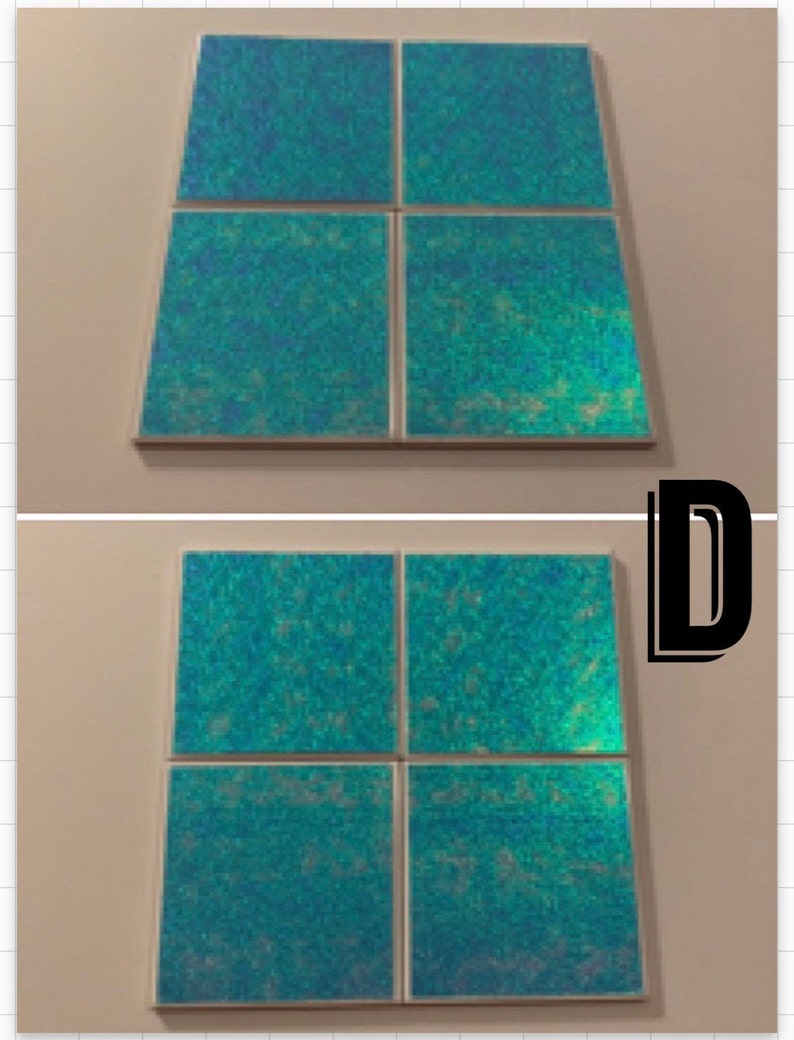 May include: Four square iridescent teal tiles with a white border. The tiles are arranged in a 2x2 grid.