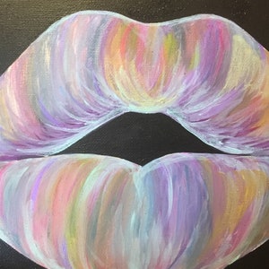 May include: An acrylic painting on canvas depicting a pair of lips centered against a solid black background. The lips are rendered with visible brushstrokes in a blend of pastel colors including lavender, soft pink, pale yellow, and light blue.