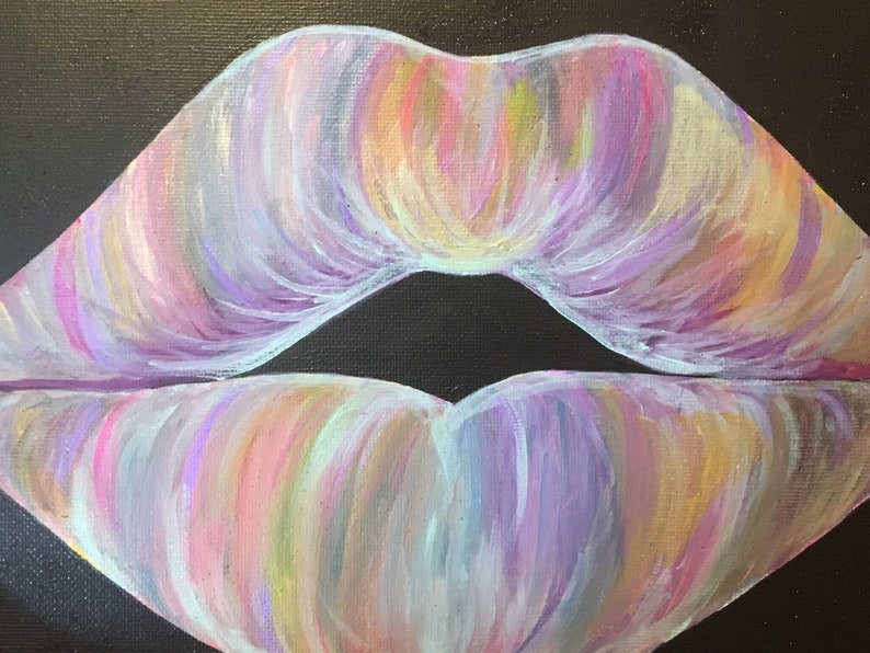 May include: An acrylic painting on canvas depicting a pair of lips centered against a solid black background. The lips are rendered with visible brushstrokes in a blend of pastel colors including lavender, soft pink, pale yellow, and light blue.