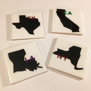 State Coasters - State Silhouette Coasters - Glitter Initial Coasters - Favorite State Coasters - State Rep Coasters image 1