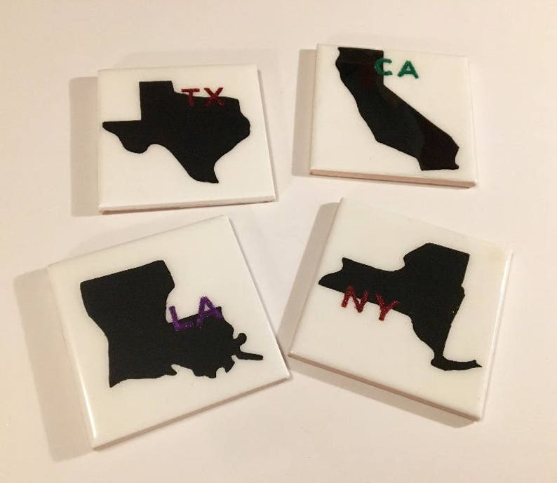 State Coasters - State Silhouette Coasters - Glitter Initial Coasters - Favorite State Coasters - State Rep Coasters image 1
