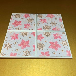 Holiday Coasters - Pink Holly Coasters - Pink Poinsettia Coasters - Holiday Table Setting - Coaster Set