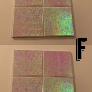 May include: Four iridescent square tiles with a glittery finish. The tiles are arranged in a 2x2 grid. The top two tiles are a light pink color, while the bottom two tiles are a light green color.