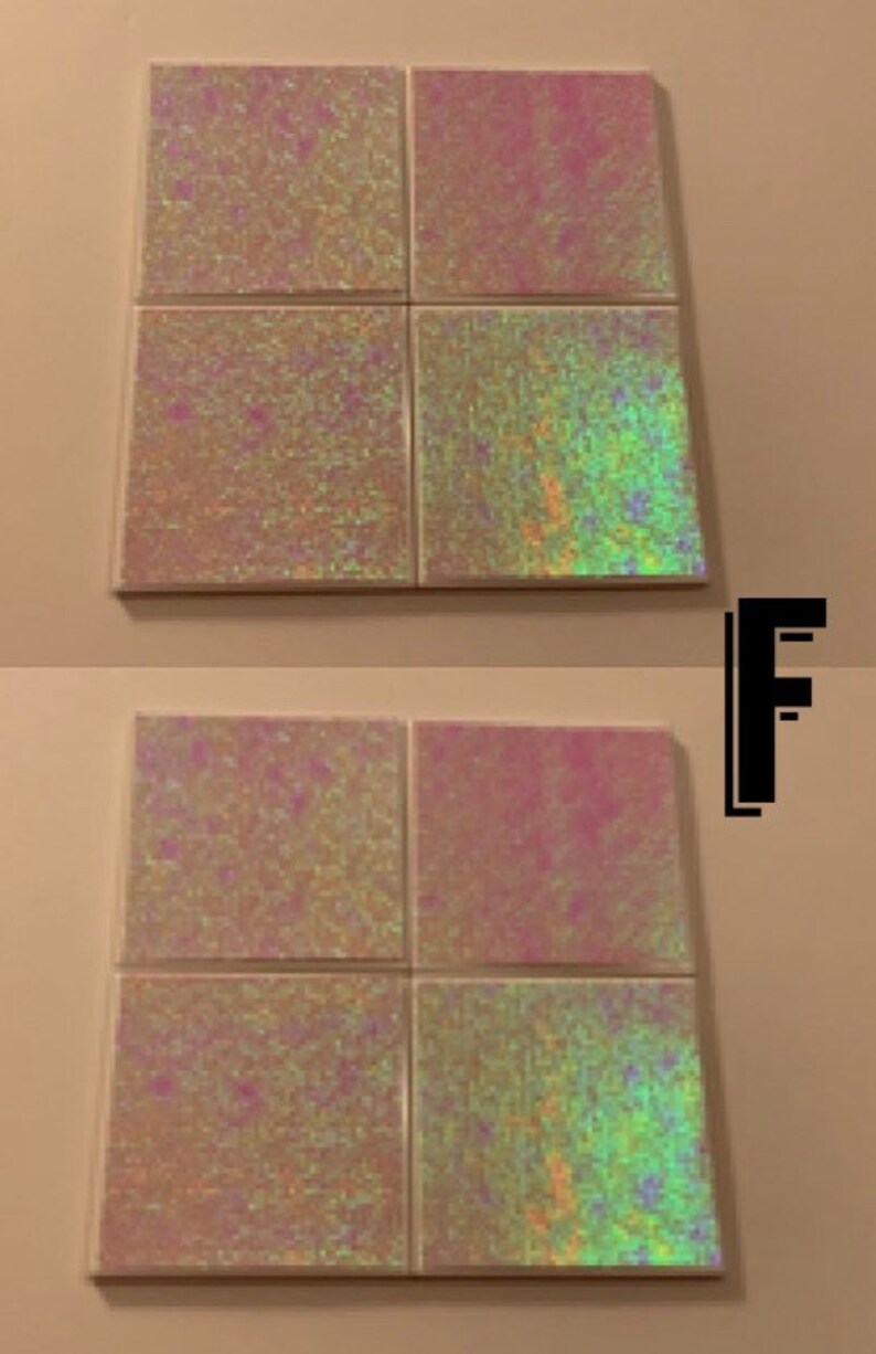 May include: Four iridescent square tiles with a glittery finish. The tiles are arranged in a 2x2 grid. The top two tiles are a light pink color, while the bottom two tiles are a light green color.