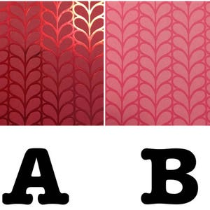 May include: Two samples of fabric with a repeating pattern of stylized leaves. The fabric on the left is a deep red with a metallic sheen. The fabric on the right is a light pink.