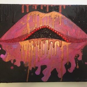 Pink Lips Painting on Canvas, Pastel Dripping Lips Wall Art 11x14, Original Glam Decor image 5