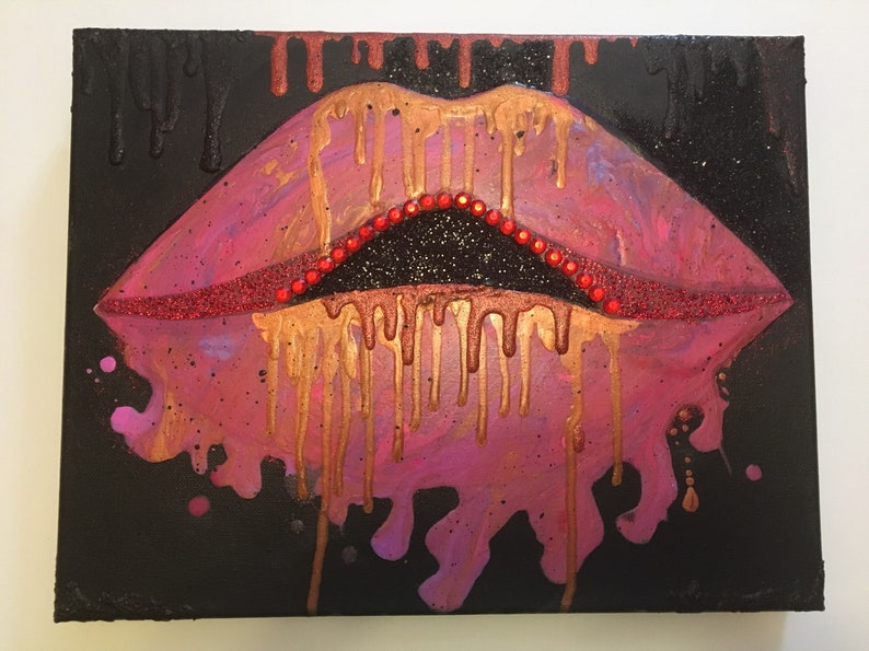Pink Lips Painting on Canvas, Pastel Dripping Lips Wall Art 11x14, Original Glam Decor image 5