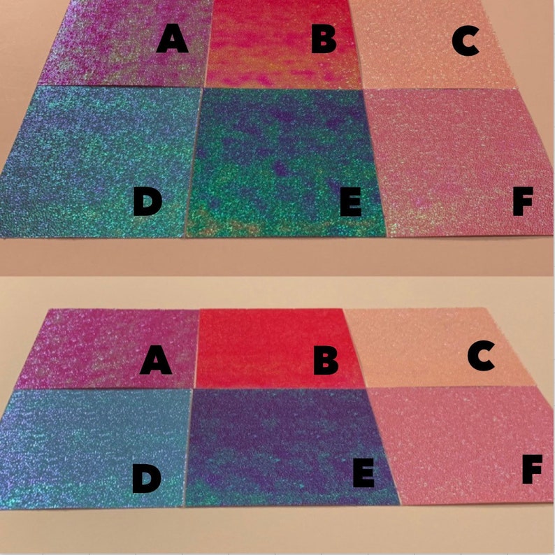 May include: Six samples of iridescent glitter paper in various colors, labeled A through F. The samples are arranged in two rows of three, with the top row showing a purple, red, and pink sample, and the bottom row showing a blue, purple, and pink sample.