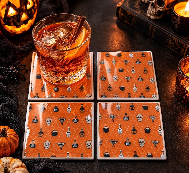 Posavasos de Halloween - Posavasos de pociones de brujas - Posavasos espeluznantes - Posavasos con decoración otoñal imagen 1