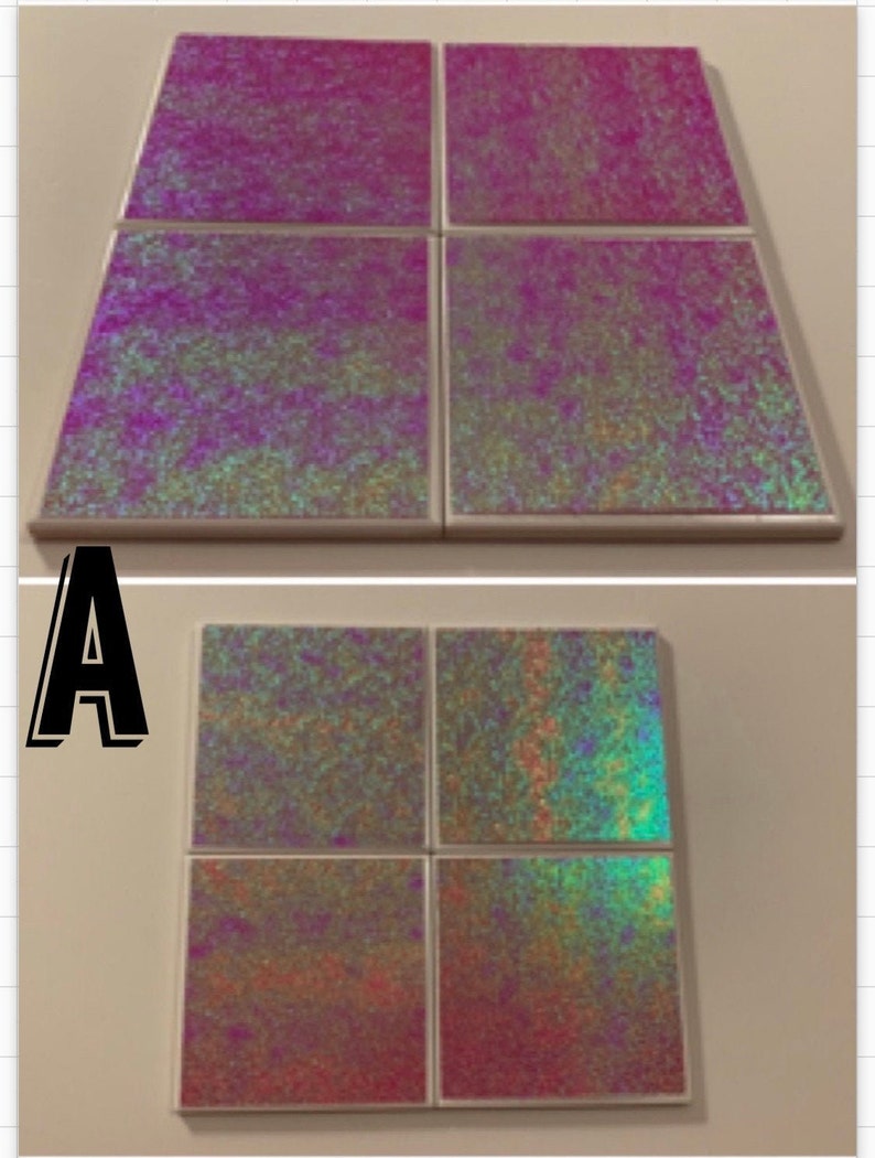 May include: Set of eight iridescent coasters with a pink, blue, and green color scheme. The coasters are square and have a white border.
