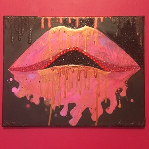 Pink Lips Painting on Canvas, Pastel Dripping Lips Wall Art 11x14, Original Glam Decor image 4
