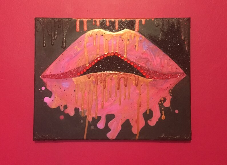 Pink Lips Painting on Canvas, Pastel Dripping Lips Wall Art 11x14, Original Glam Decor image 4
