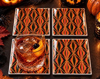 Juego de 4 posavasos de Halloween - Diseños de telaraña, geométricos y de rayas - Decoración otoñal en negro y naranja