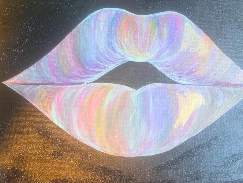 May include: A painting on a black canvas featuring a pair of lips rendered in a blend of pastel colors including light pink, lavender, soft yellow, and pale blue. The brushstrokes are visible, creating a textured effect across the lip shape.