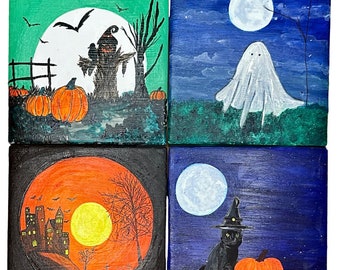 Halloween Coasters - Spooky Coasters - Halloween Theme Coasters - Hand Painted Coaster Set