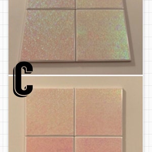 May include: Two sets of four iridescent tiles, each set in a different shade of pink. The top set is a lighter shade of pink with a more glittery finish, while the bottom set is a darker shade of pink with a more subtle shimmer.