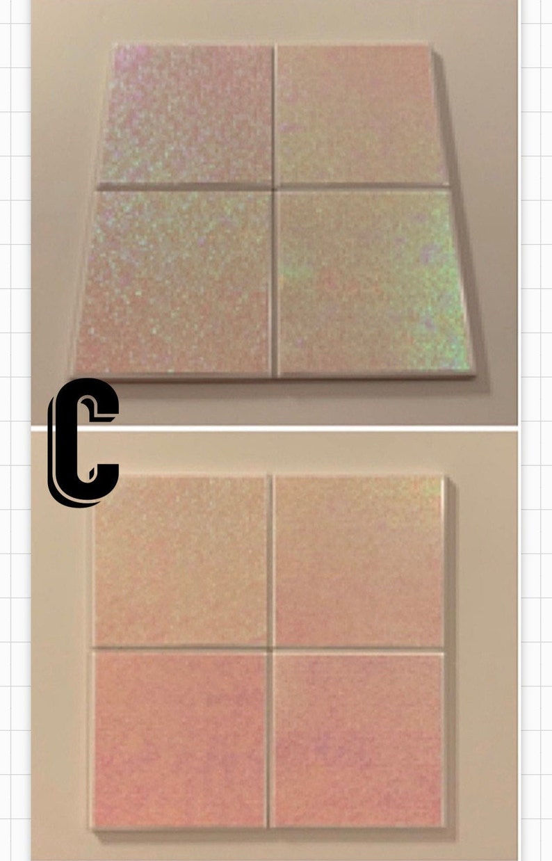 May include: Two sets of four iridescent tiles, each set in a different shade of pink. The top set is a lighter shade of pink with a more glittery finish, while the bottom set is a darker shade of pink with a more subtle shimmer.