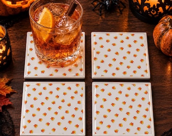 Juego de 4 posavasos de Halloween - Posavasos de calabaza y caramelos de maíz - Decoración de mesa otoñal a cuadros - Regalo de inauguración de casa