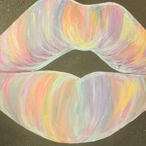 May include: A painting of lips rendered in a blend of pastel colors including pink, yellow, blue, and lavender. The lips are set against a solid black background, with visible brushstrokes creating a textured effect across the surface of the lips.
