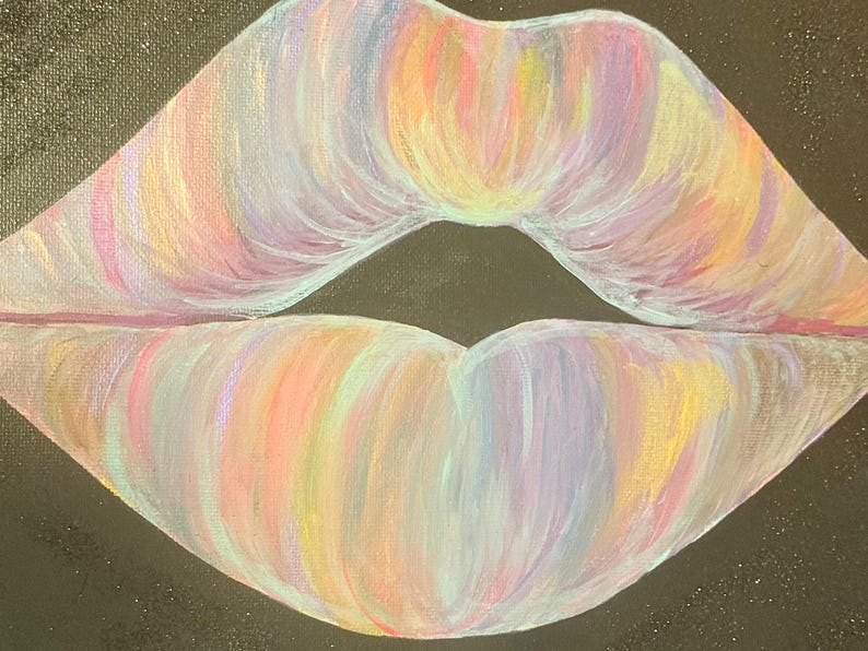 May include: A painting of lips rendered in a blend of pastel colors including pink, yellow, blue, and lavender. The lips are set against a solid black background, with visible brushstrokes creating a textured effect across the surface of the lips.