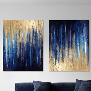 Gold Leaf Abstract Painting Diptych Large Navy Blue Abstract | Etsy