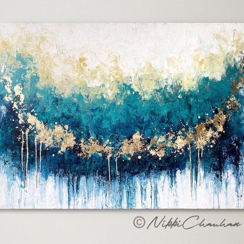 Blue Large Abstract Art Canvas Painting Navy Blue Gold Leaf Etsy