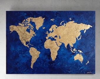 Blue And Gold World Map Gold Blue World Map | Etsy