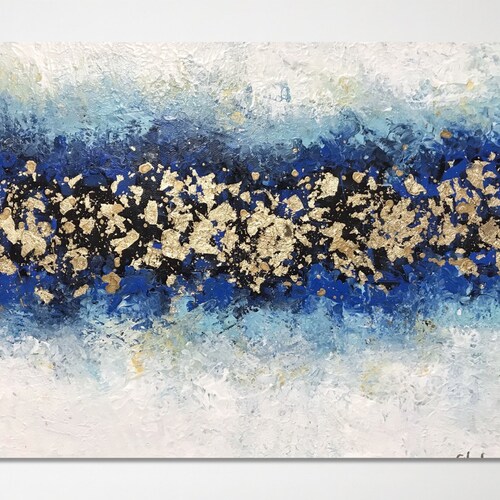 Extra Large Blue Gold Leaf Abstract Art Original Acrylic Etsy